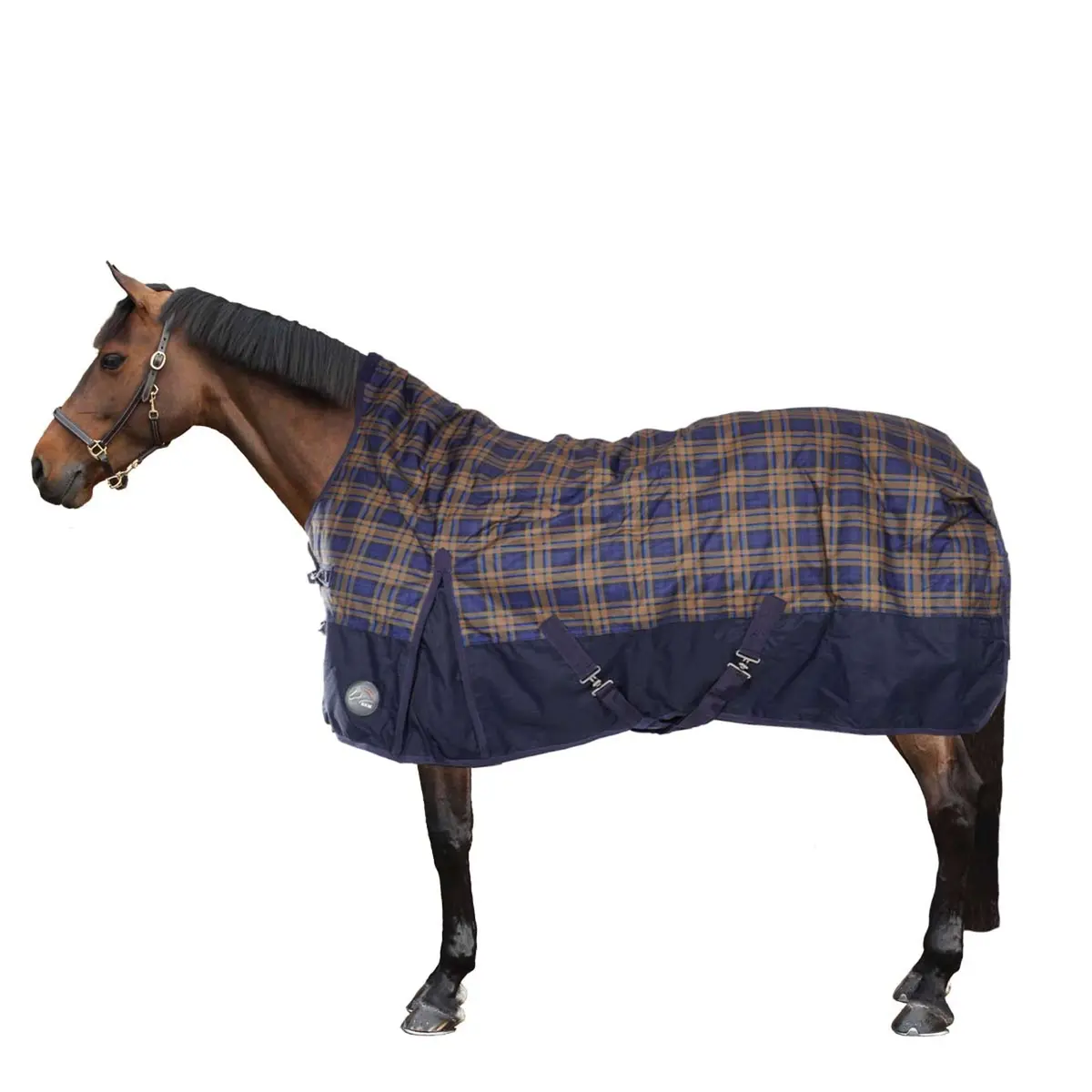 Hkm High Neck Deken Providence Karo 1200D 300G Wattenvulling Navy/Bruin Geruit 1
