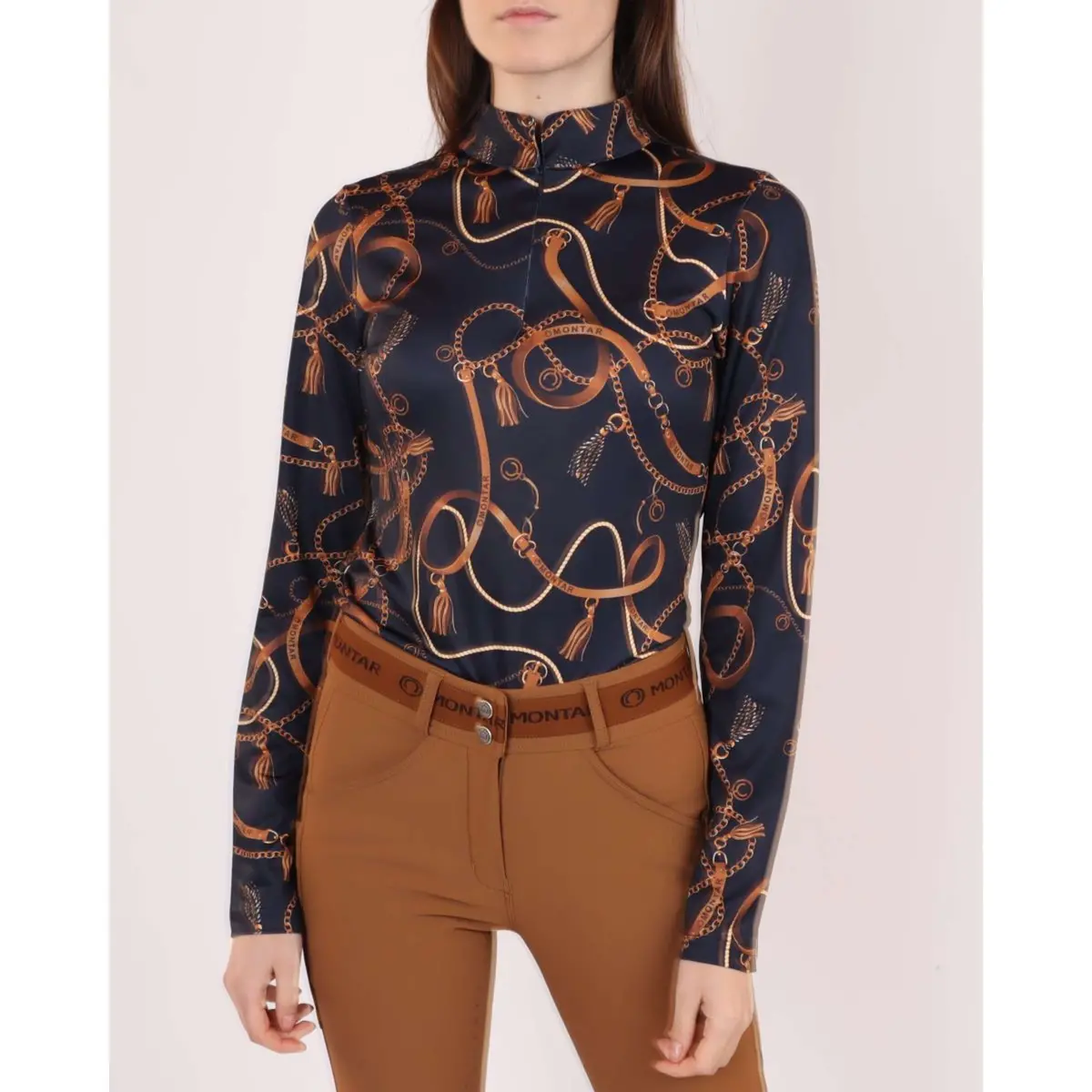 Montar Poloshirt Haily Birdle Print Lange Mouwen Donker Navy 1