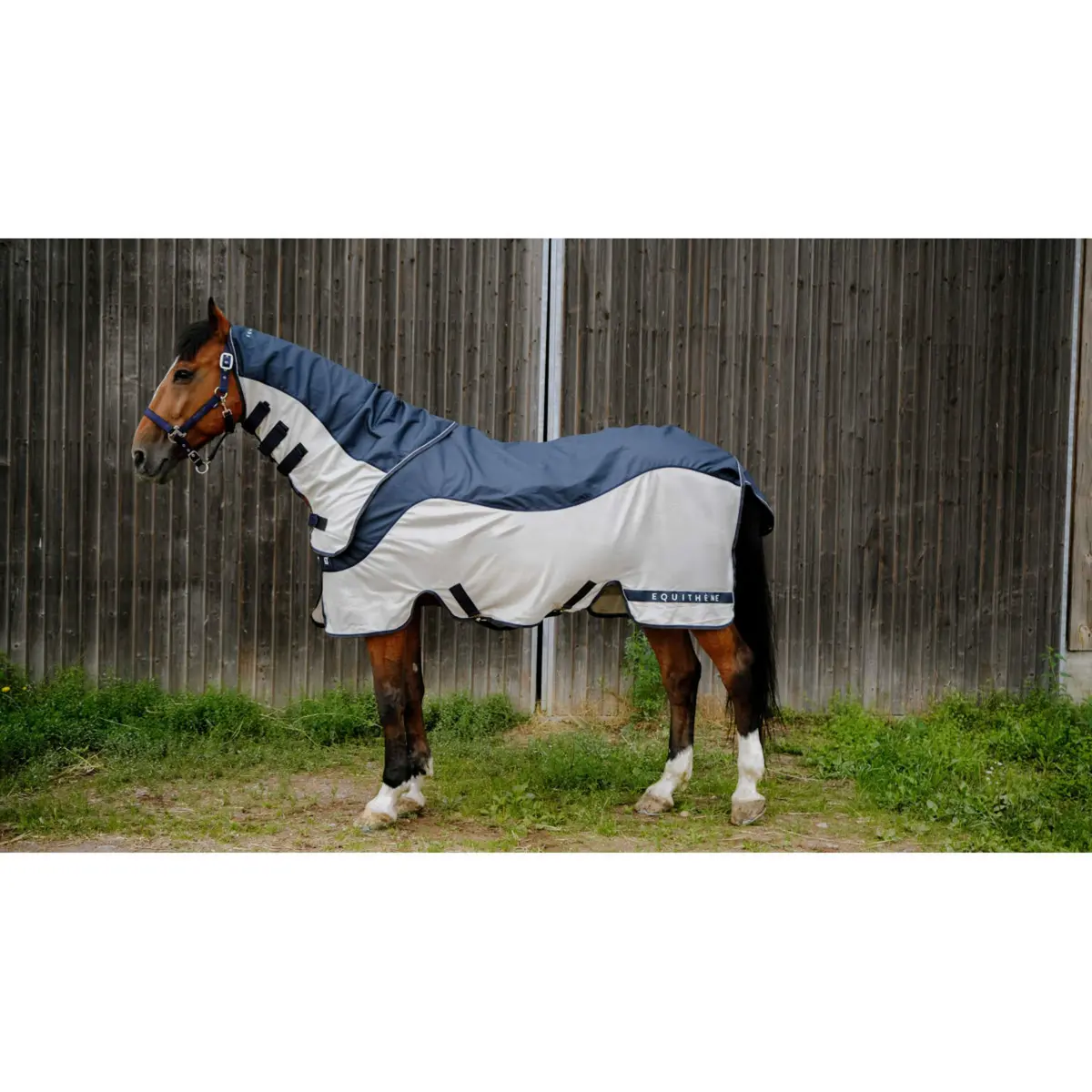 Equithème Vliegendeken Tyrex Combofly 600D Met Hals Navy Blue/Grey 1